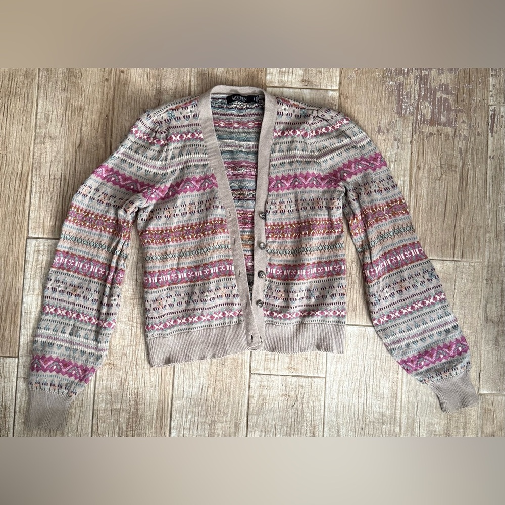 Lauren Ralph Lauren Fair Isle Boho Cardigan Western Aztec Sweater Size Large